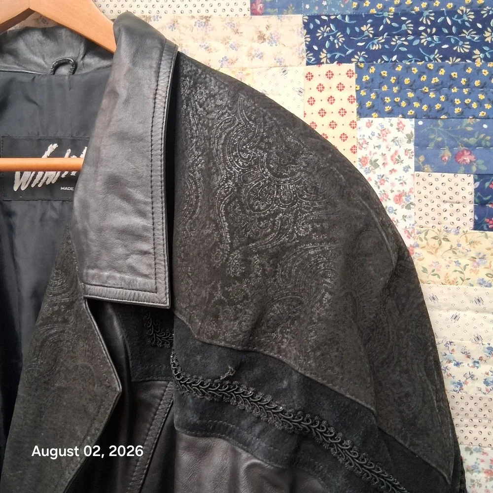Vintage 90s Winlit Womens Leather Coat Size Medium Black Trench Duster Paisley
